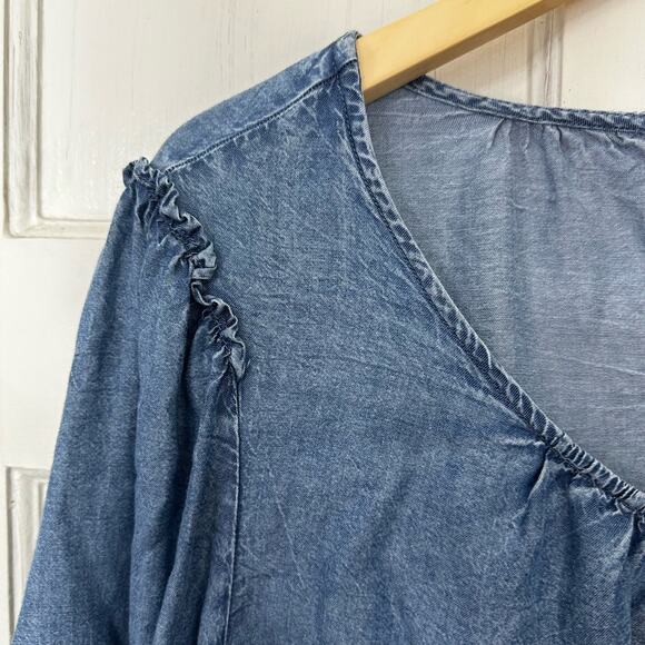 LC Lauren Conrad Blue Chambray Top 2X‎ Long Sleeves Boho Lace Pleated Peasant - Picture 5 of 8